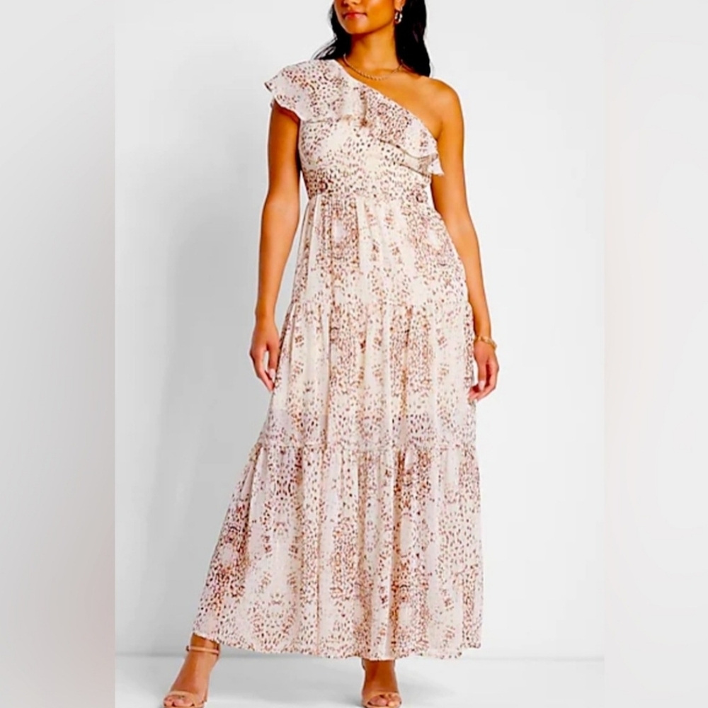 Rachel Zoe Metallic Print Ruffle One Shoulder Tiered Maxi Dress Small